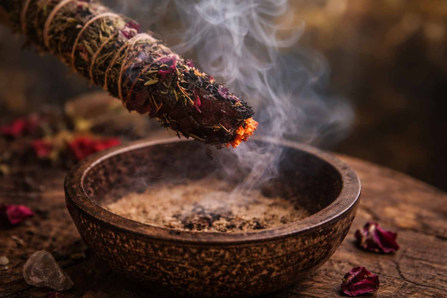 Ein Räucherstick wird in einem Ritual achtsam und über einer Schale verräuchert