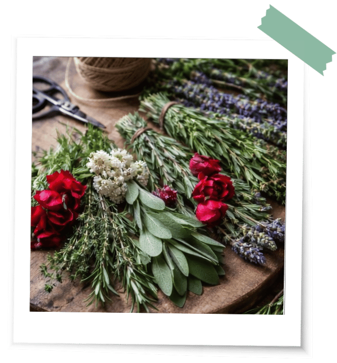 Blumen, Kräuter und Pflanzen arrangiert auf einem Holzbrett werden zu einem Räucherstick