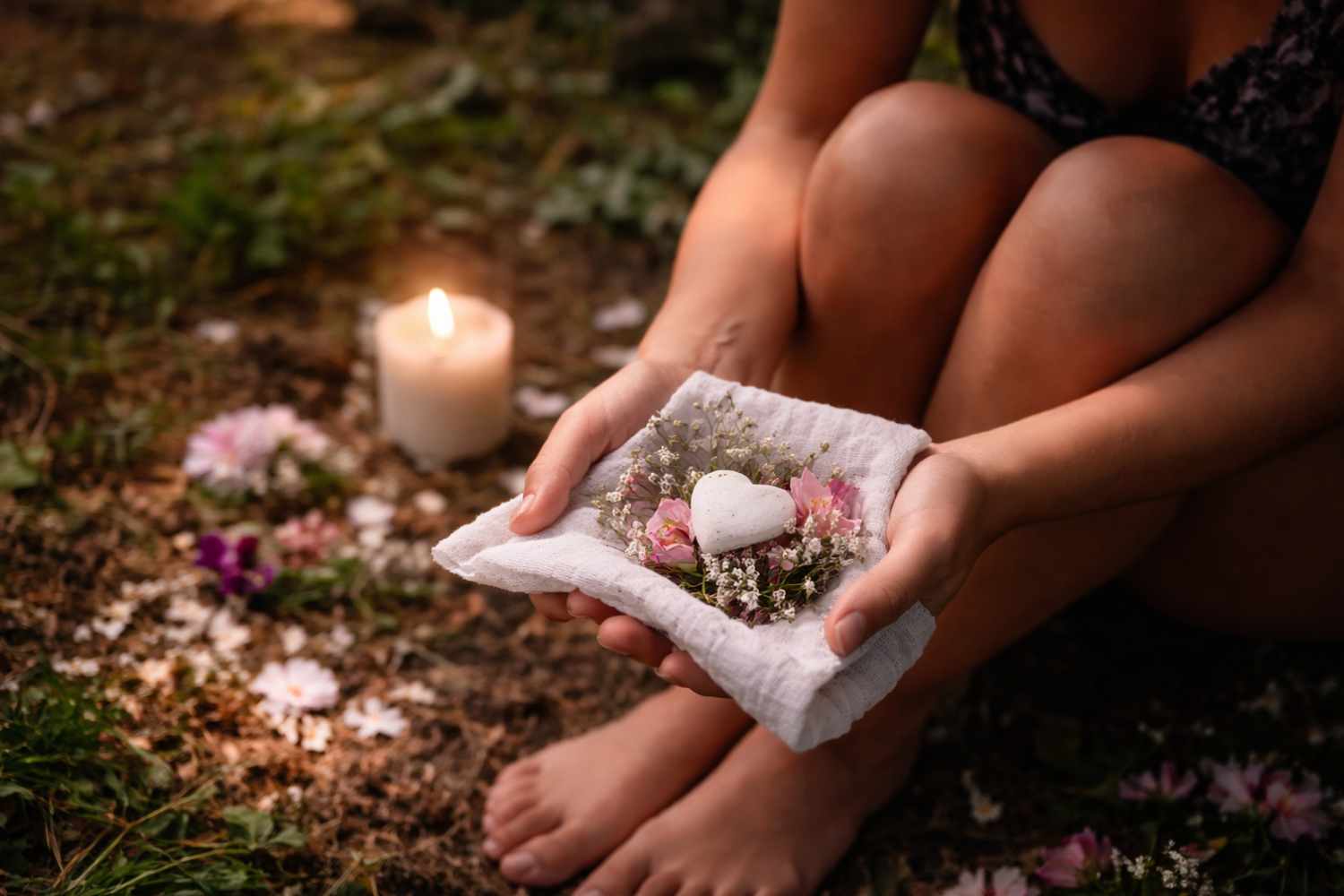 Eine Frau trauert um ihr Baby in einem persönlichen Abschiedsritual nach einer Fehlgeburt mit Kerzen und Ritualgegenständen