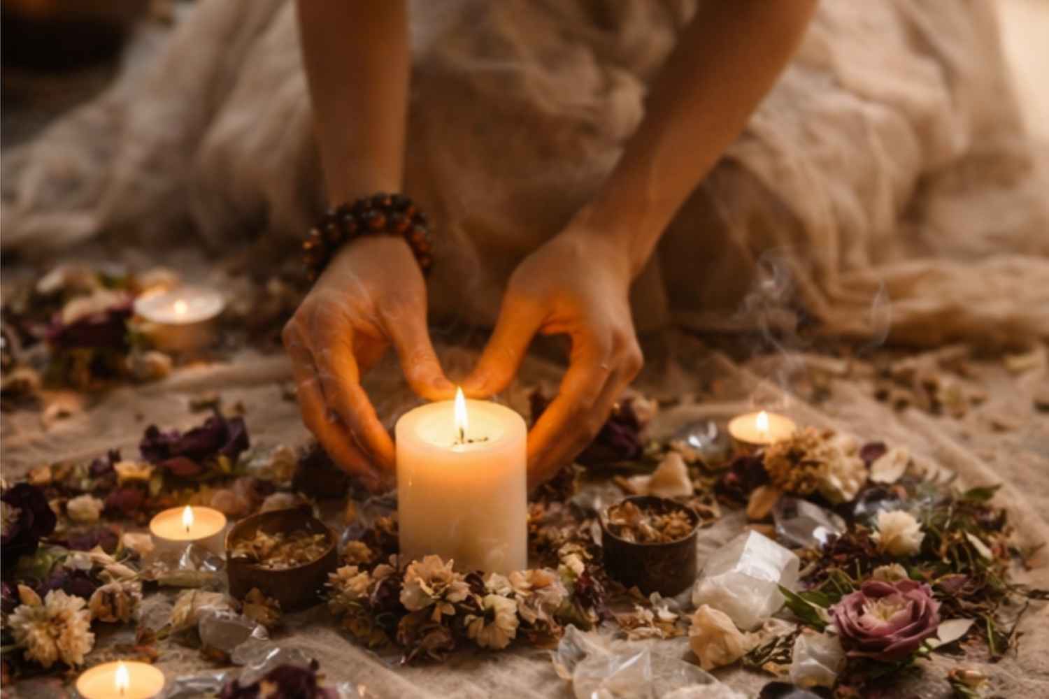 Frauenhände zelebrieren auf einer Decke auf dem Boden mit Kerzen und Ritualgegenständen ein Ritual als Kunst