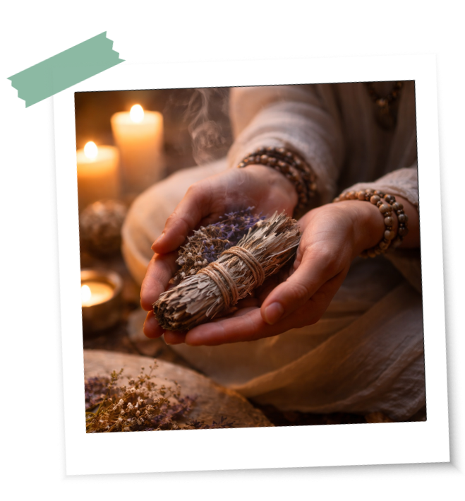 Abschiedsrituale Ideen und Tipps Räuchern Hände halten ein Kräuterbündel für ein Abschiedsritual mit Kerzenlicht