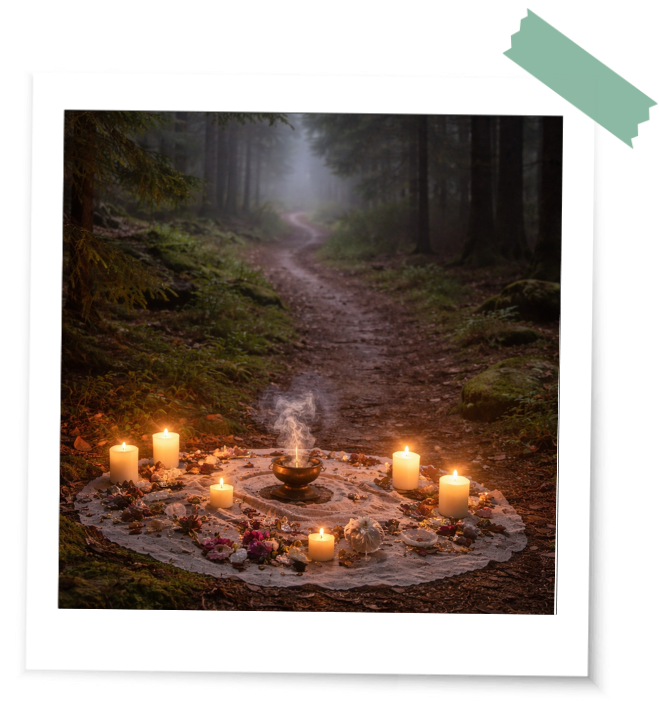 Abschiedsrituale Ideen und Tipps Waldweg Ritualkreis mit Kerzen und Räucherwerk auf einem Waldweg im Nebel als Zeichen für Abschiedsrituale