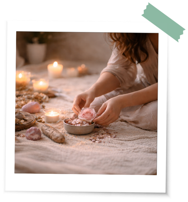 Eine Frau feiert inmitten von Rosen und Kerzen ein Selbstliebe-Ritual