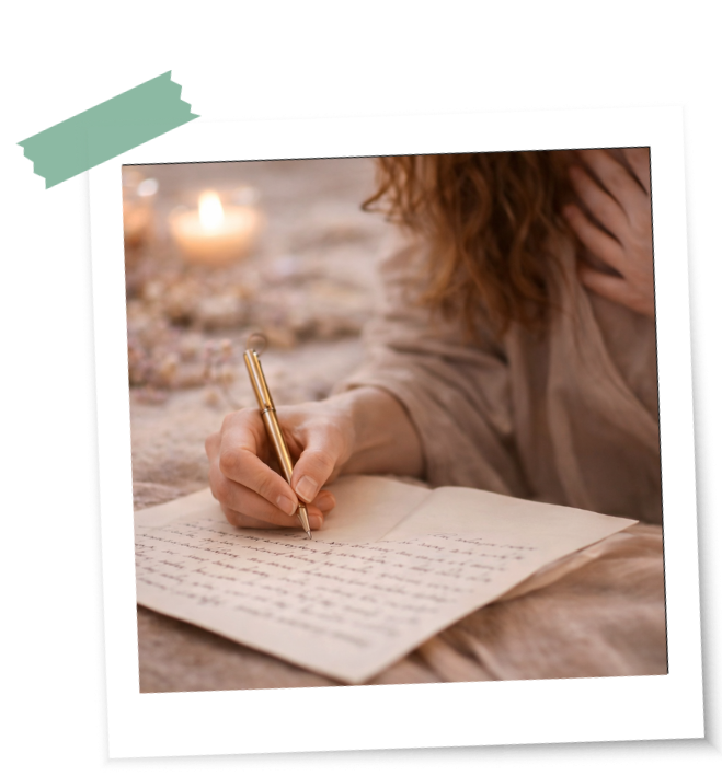 selbstlieberitual-liebesbrief-schreiben Eine Frau schreibt sich selbst mit einem Stift auf ein schönes Papier einen Liebesbrief als Zeichen der Selbstliebe.