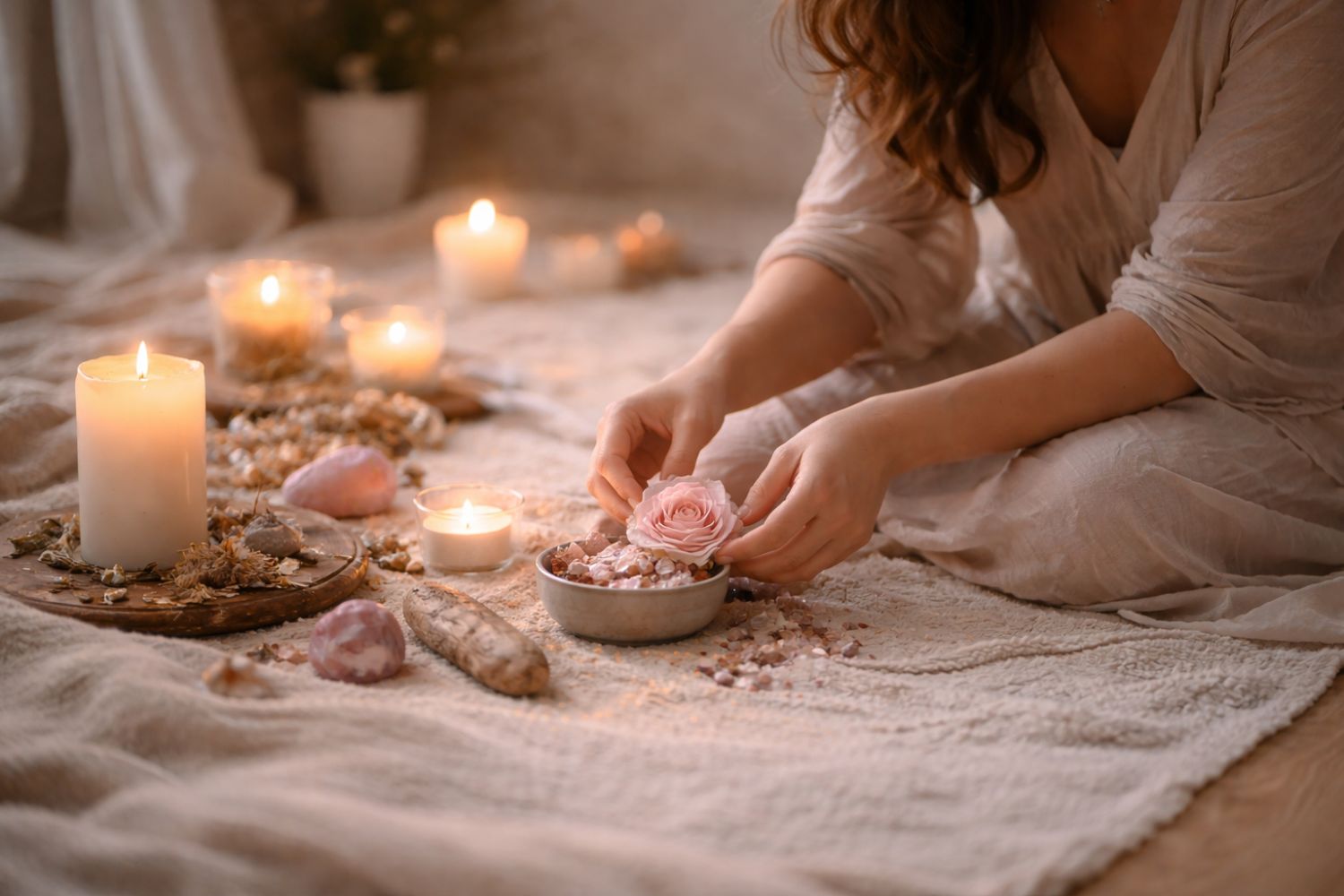 Hände einer Frau zelebrieren ein Ritual als Zeichen der Selbstliebe inmitten von Rosen und Kerzen