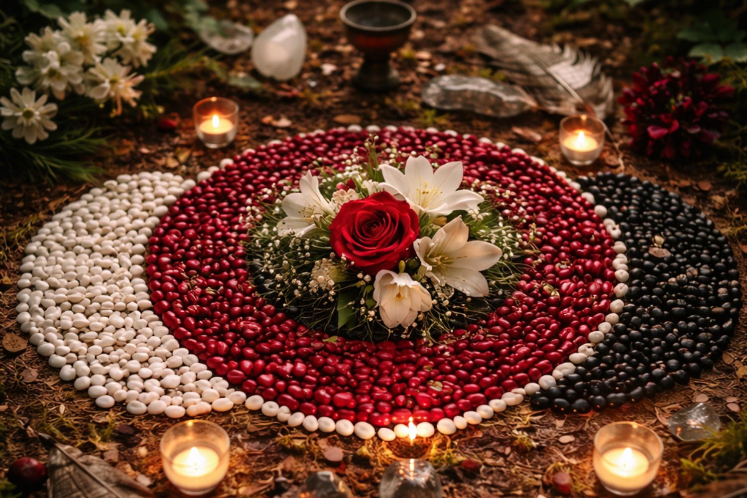 Drei rituelle Kreise aus weißen, roten und schwarzen Samen als Symbol für den Übergang in die Wechseljahre