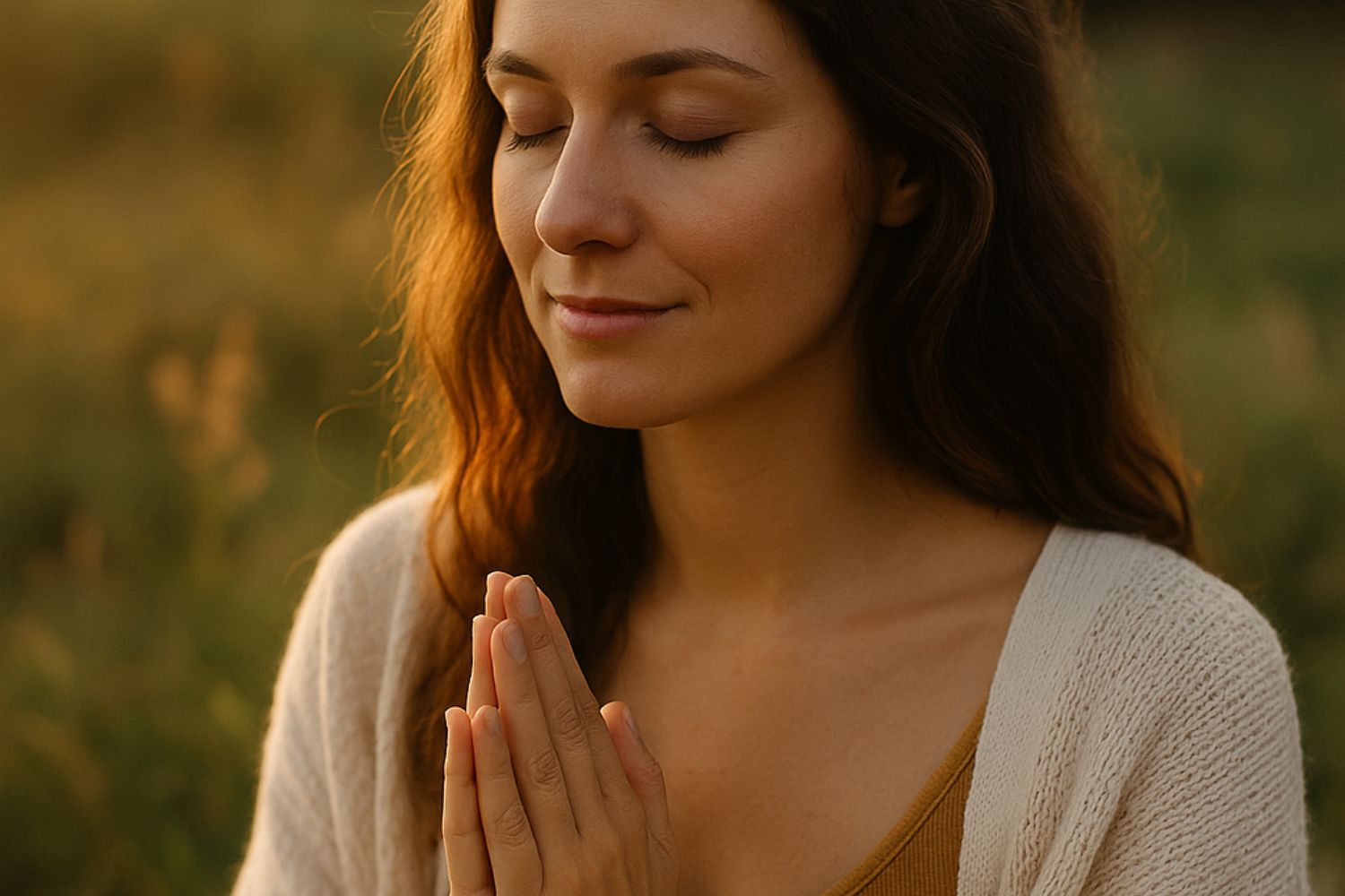 Frau mit geschlossenen Augen und gefalteten Händen in stiller Dankbarkeit in der Natur