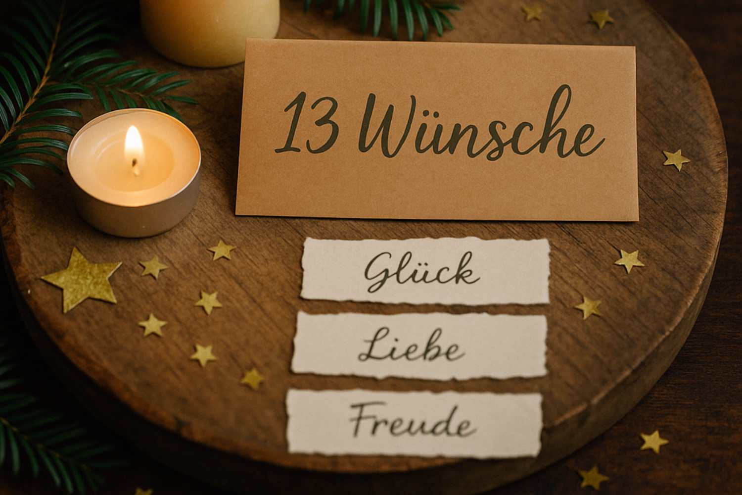 Wunschzettel und Kerzenlicht als Symbol für das Rauhnachtsritual der 13 Wünsche