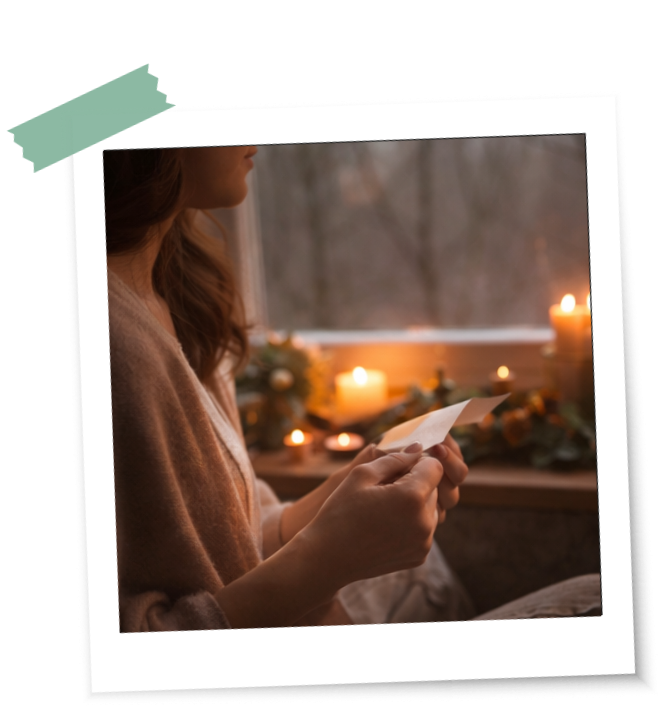 Frau faltet ihre Rauhnachtswünsche in einem Ritual mit Kerzen am Fenster