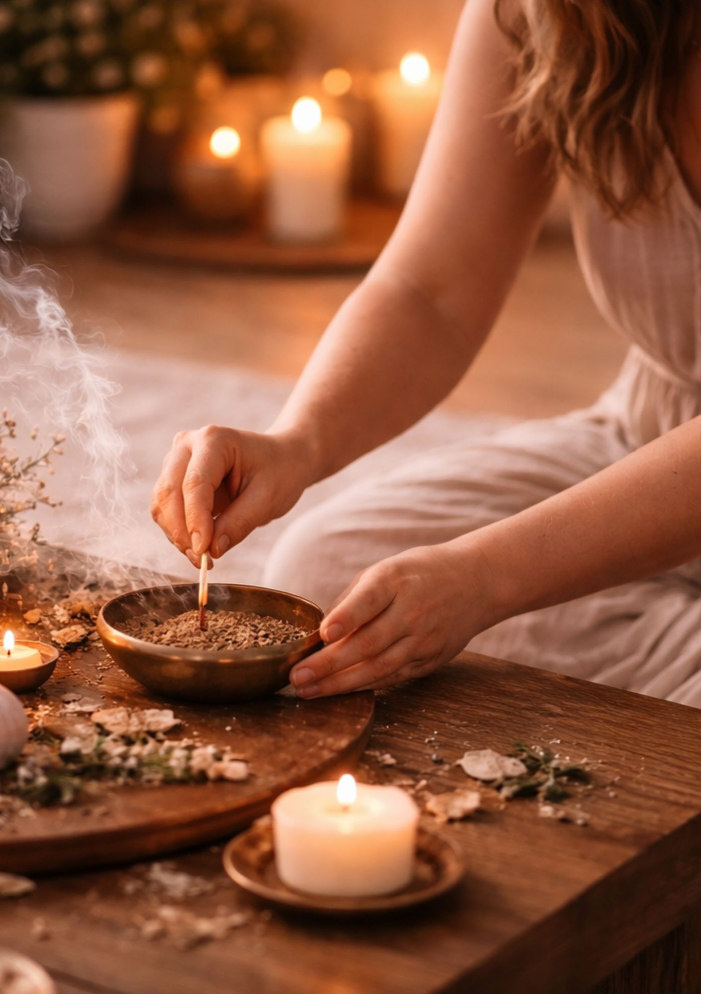 Frau zelebriert mit einer Räucherschale ein Ritual als Zeichen für Ritualanleitungen