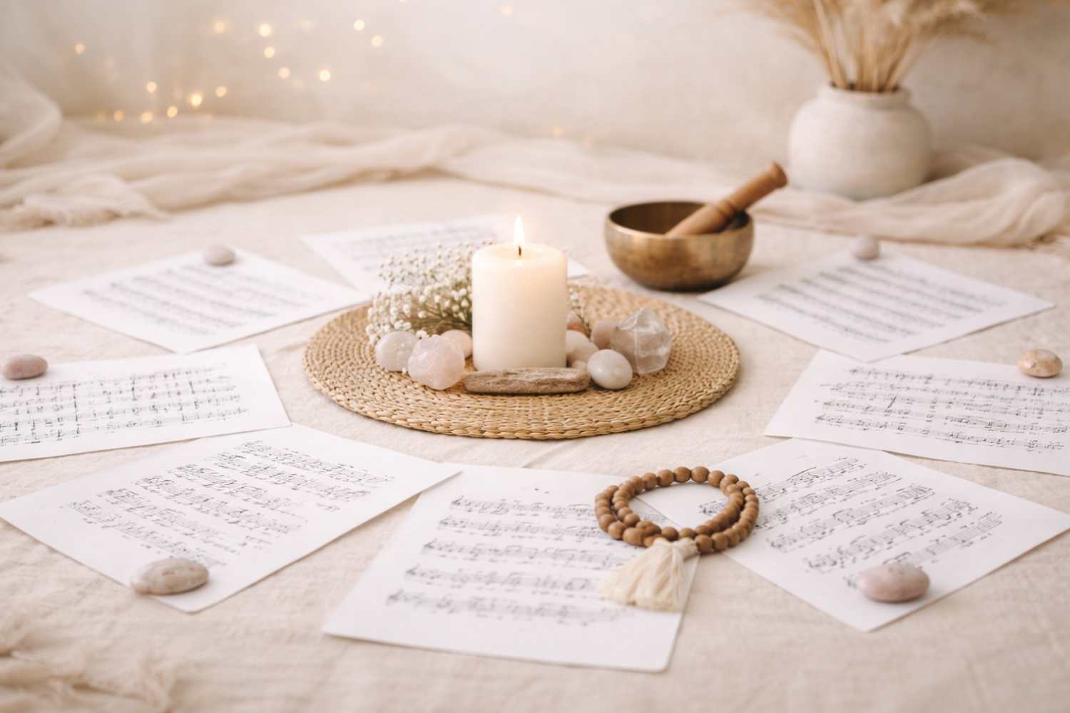 Klangschale, Kerzenlicht und Noten als Inspiration für Friedenslieder in Ritualen