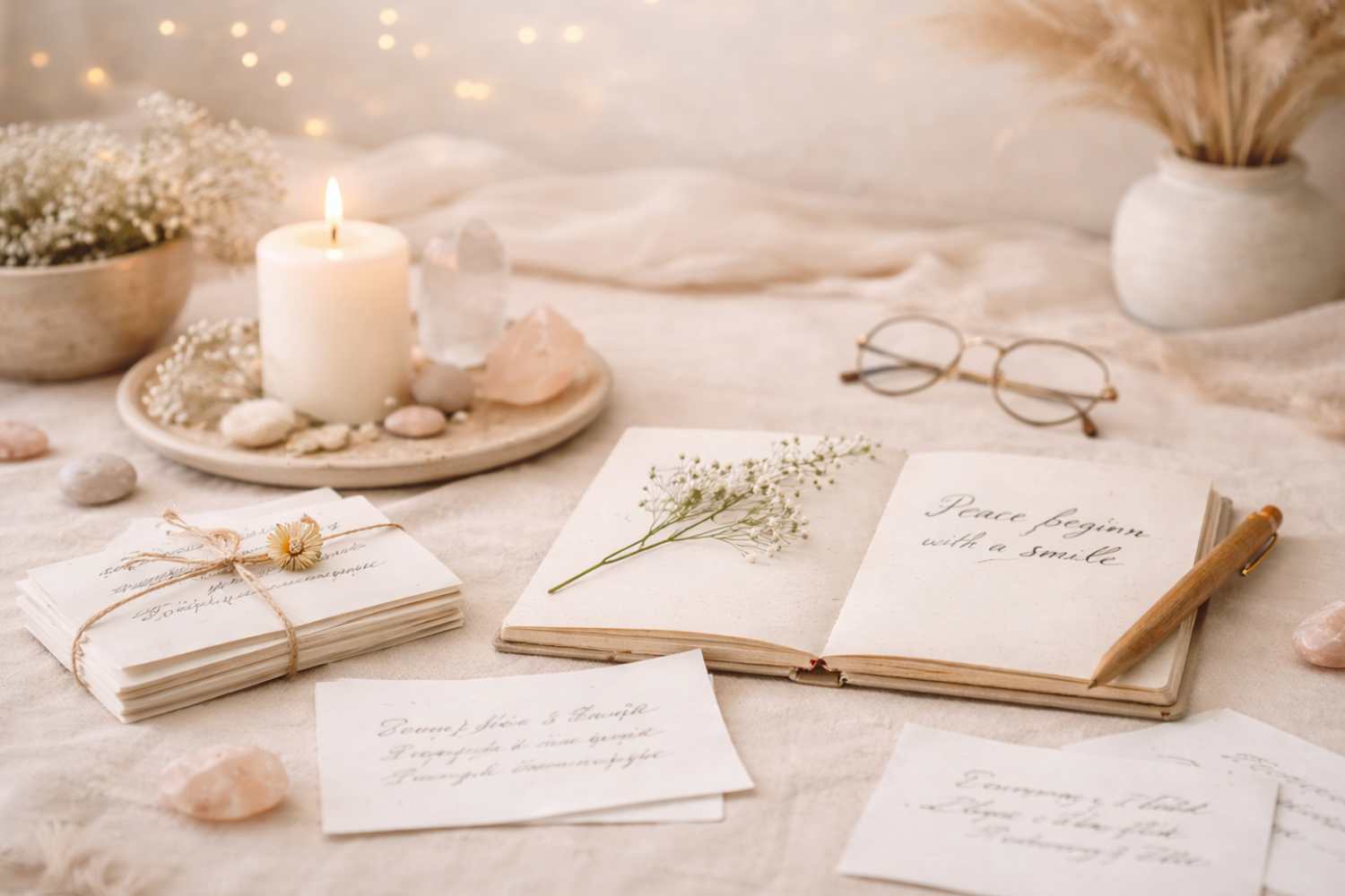 Ritualtisch mit Kerze und Friedenszitaten als Inspiration für Rituale des Friedens