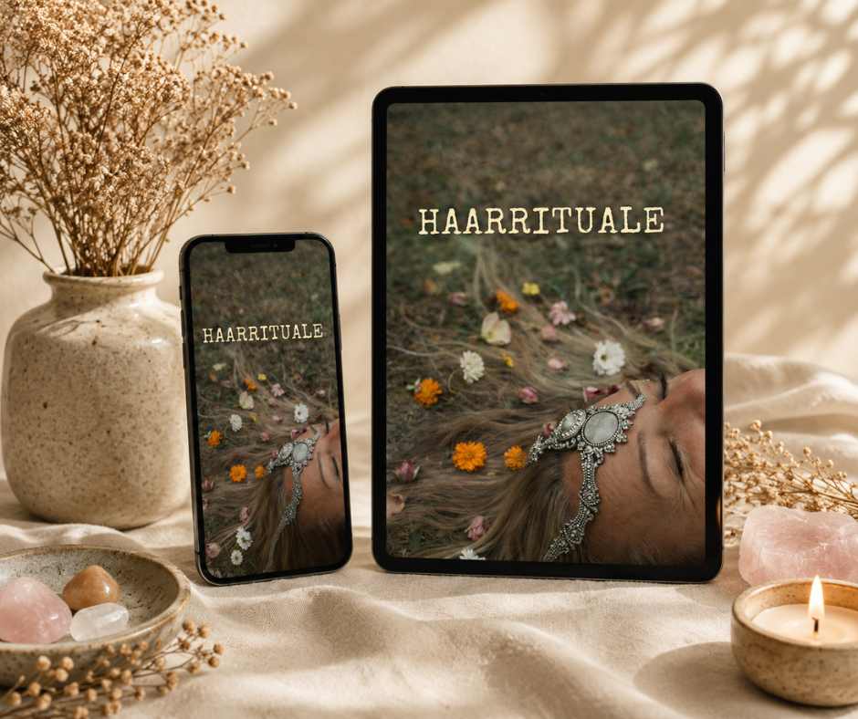 Haarrituale auf Handy und Tablet vor beigefarbenem Hintergrund mit Stoffen und Kerze