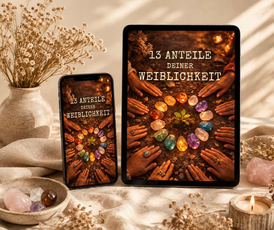Shop 13 Anteile deiner Weiblichkeit 13 Anteile deiner Weiblichkeit E-Book & Meditation mit rituellen Gegenständen und beigefarbener Vase